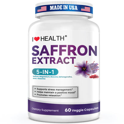 I LOVE HEALTH Saffron Supplement – 88.5mg with Magnesium Glycinate, Ashwagandha & L-Theanine for Stress Relief, Calm Mood & Emotional Balance – Made in USA – 60 Capsules I LOVE HEALTH buy supplements Au