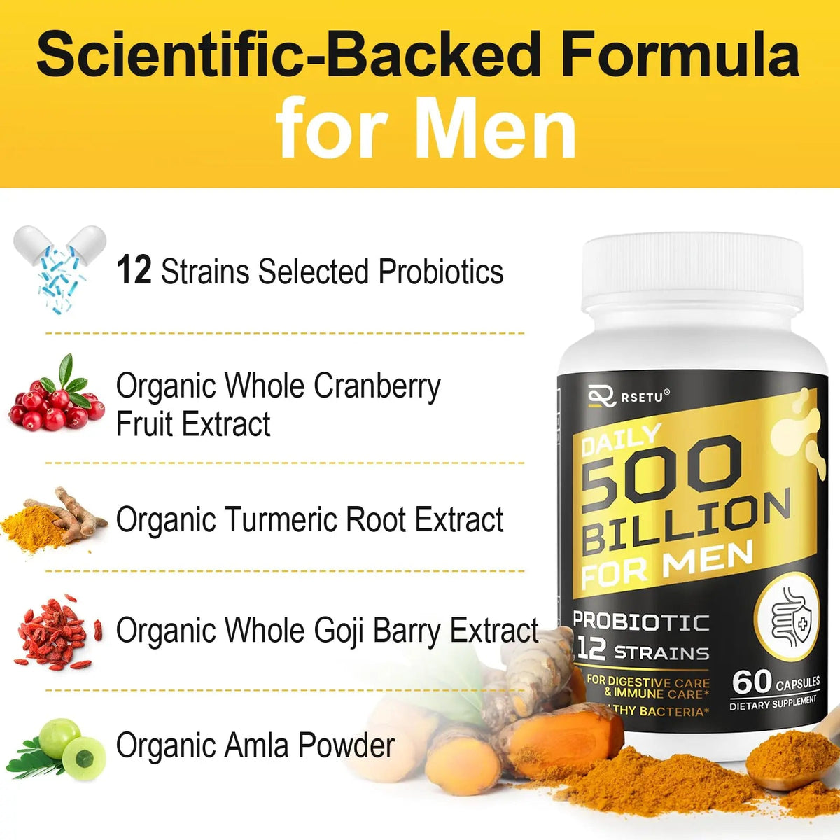 Probiotics for Men, 500 Billion CFUs & 12 Strains Mens Probiotic with Turmeric Cranberry, Goji, Gut Health for Men, for Digestive Health, Gut, Bloating & Gas, Immune, Energy Support, 120-Day Supply RSETU buy supplements Au