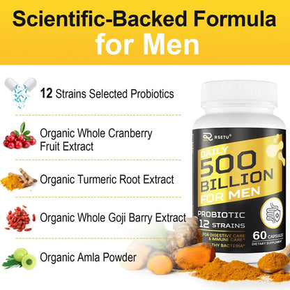 Probiotics for Men, 500 Billion CFUs & 12 Strains Mens Probiotic with Turmeric Cranberry, Goji, Gut Health for Men, for Digestive Health, Gut, Bloating & Gas, Immune, Energy Support, 120-Day Supply RSETU buy supplements Au