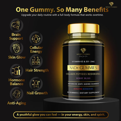 Nature's Blessing NAD+ Anti-Aging Gummies – Boost Cellular Repair, Brain Clarity & Radiant Skin – with Biotin, Collagen, Resveratrol, Vitamin D3, K2, Zinc & Keratin – Delicious Berry Bliss Nature's BlessingBuy Supplements Australia