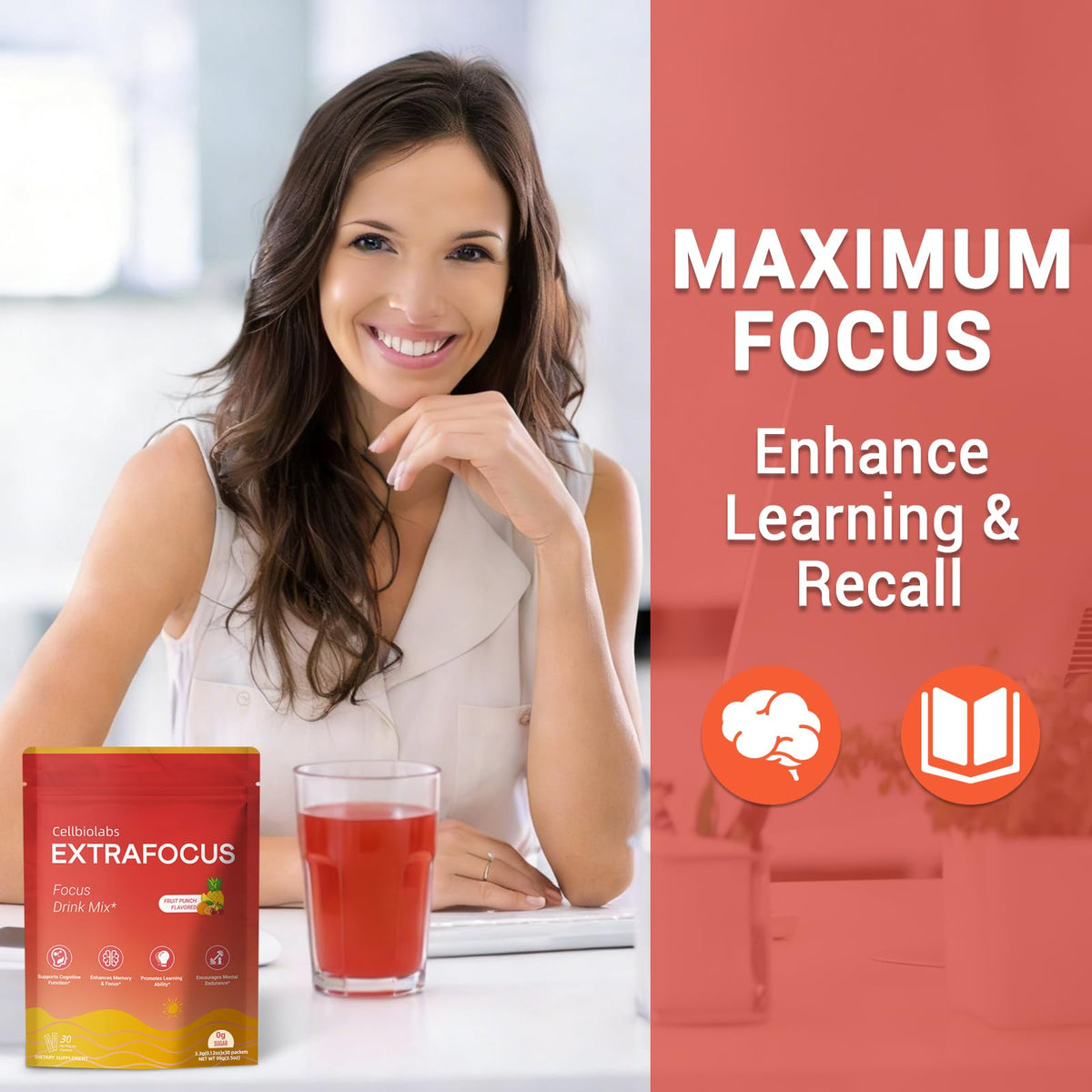Nootropic Extra Focus Drink Mix, 30 Packs On-The-Go Sticks, Featuring Alpha-GPC, Lion's Mane & Rhodiola, Sugar-Free Packets Fruit Punch Clean Drink Mix CellbiolabsBuy Supplements Australia