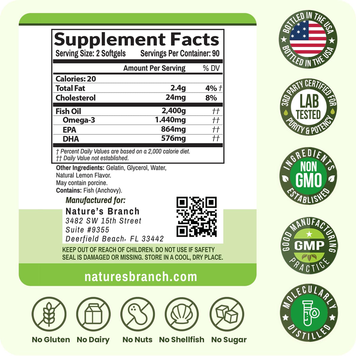Triple Strength Omega 3 Fish Oil Supplements 2400mg | 180 Capsules, Burpless High Potency Lemon Flavor, High EPA DHA for Men & Women Ultra Pure Softgels
