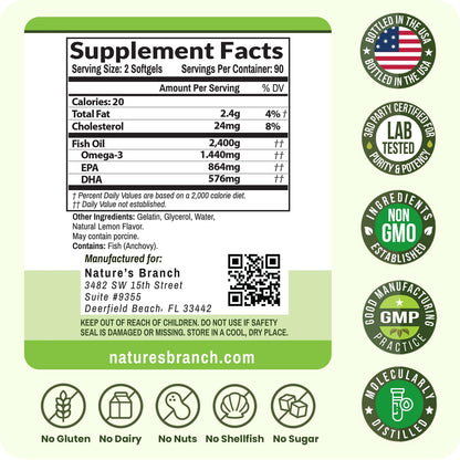 Triple Strength Omega 3 Fish Oil Supplements 2400mg | 180 Capsules, Burpless High Potency Lemon Flavor, High EPA DHA for Men & Women Ultra Pure Softgels