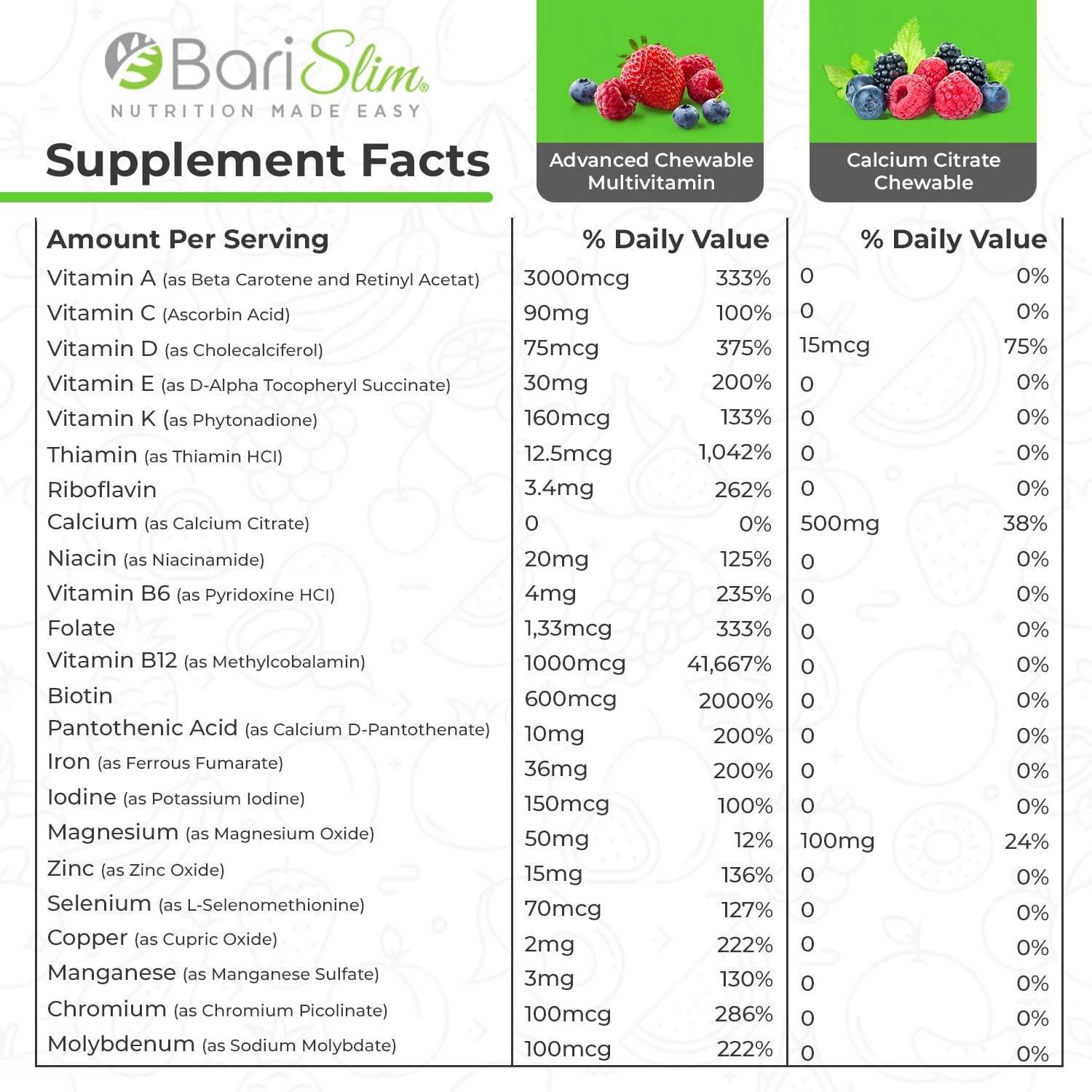 BariSlim Bariatric Calcium Citrate & Advanced Chewable Bariatric Multivitamin with Iron - Bariatric Vitamin and Supplement for Post Bariatric Surgery Including Gastric Bypass and Gastric Sleeve BariSlim buy supplements Au