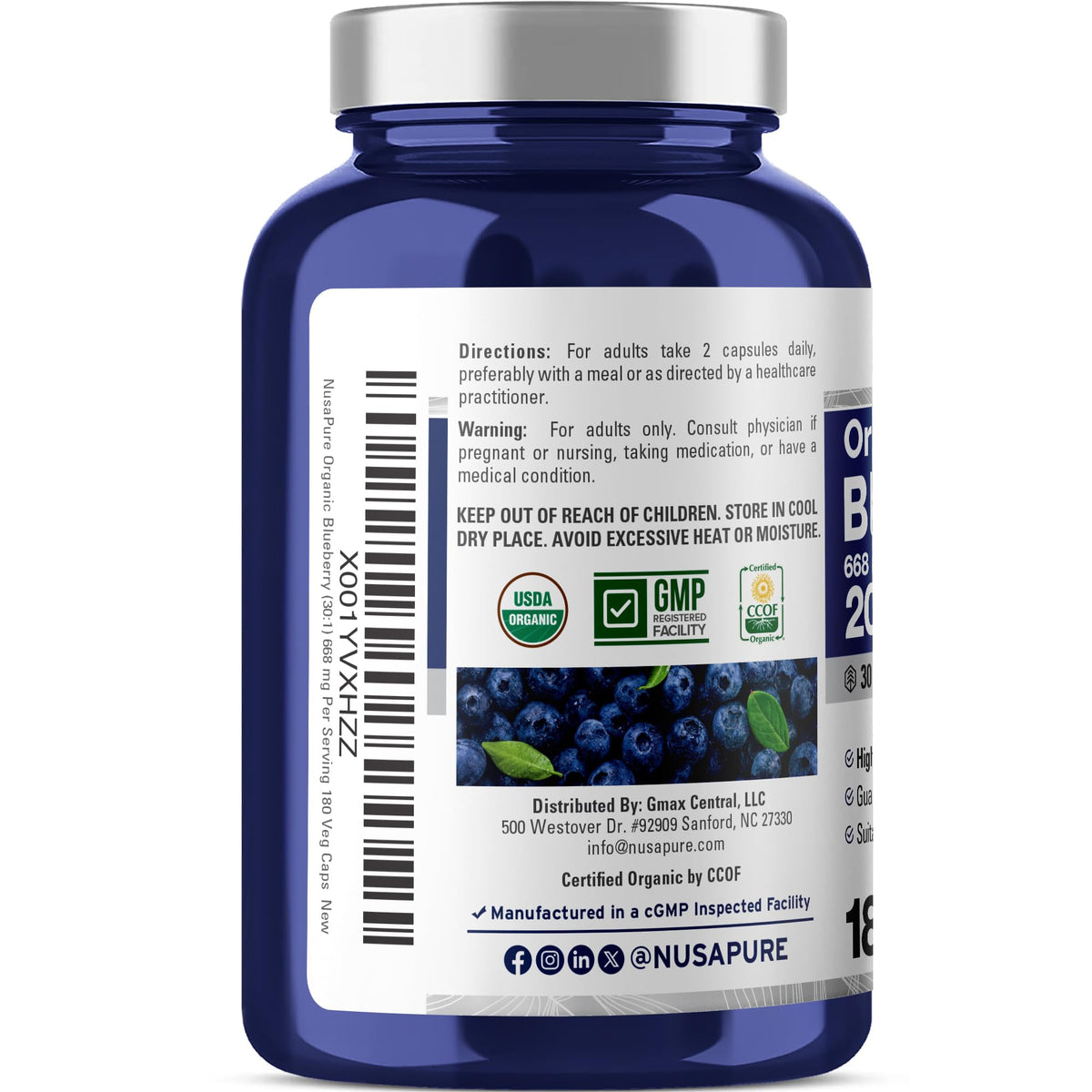NusaPure Blueberry Concentrate 30:1 Extract, 667 mg Equivalent to 20,000 mg 180 Veg Caps Suitable for Vegetarian, Vegan, Non-GMO NusaPureBuy Supplements Australia
