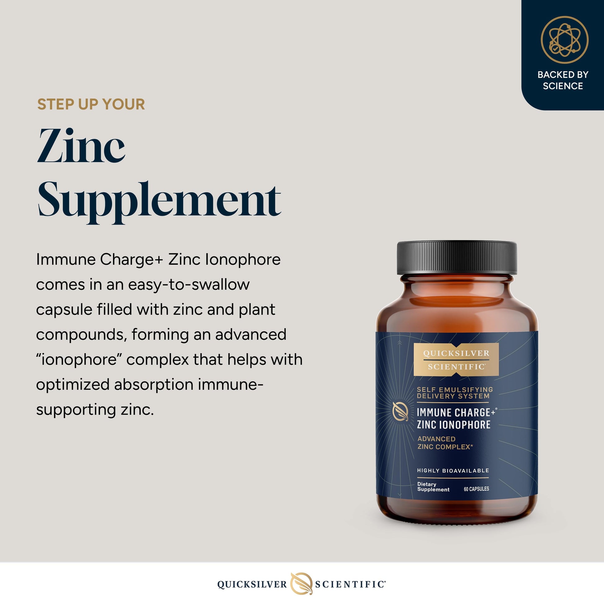 Quicksilver Scientific Immune Charge+ Zinc Ionophore - Zinc Supplement Complexed with Quercetin, Luteolin, Hesperetin Immune + GI Support (60 Capsules) Quicksilver ScientificBuy Supplements Australia