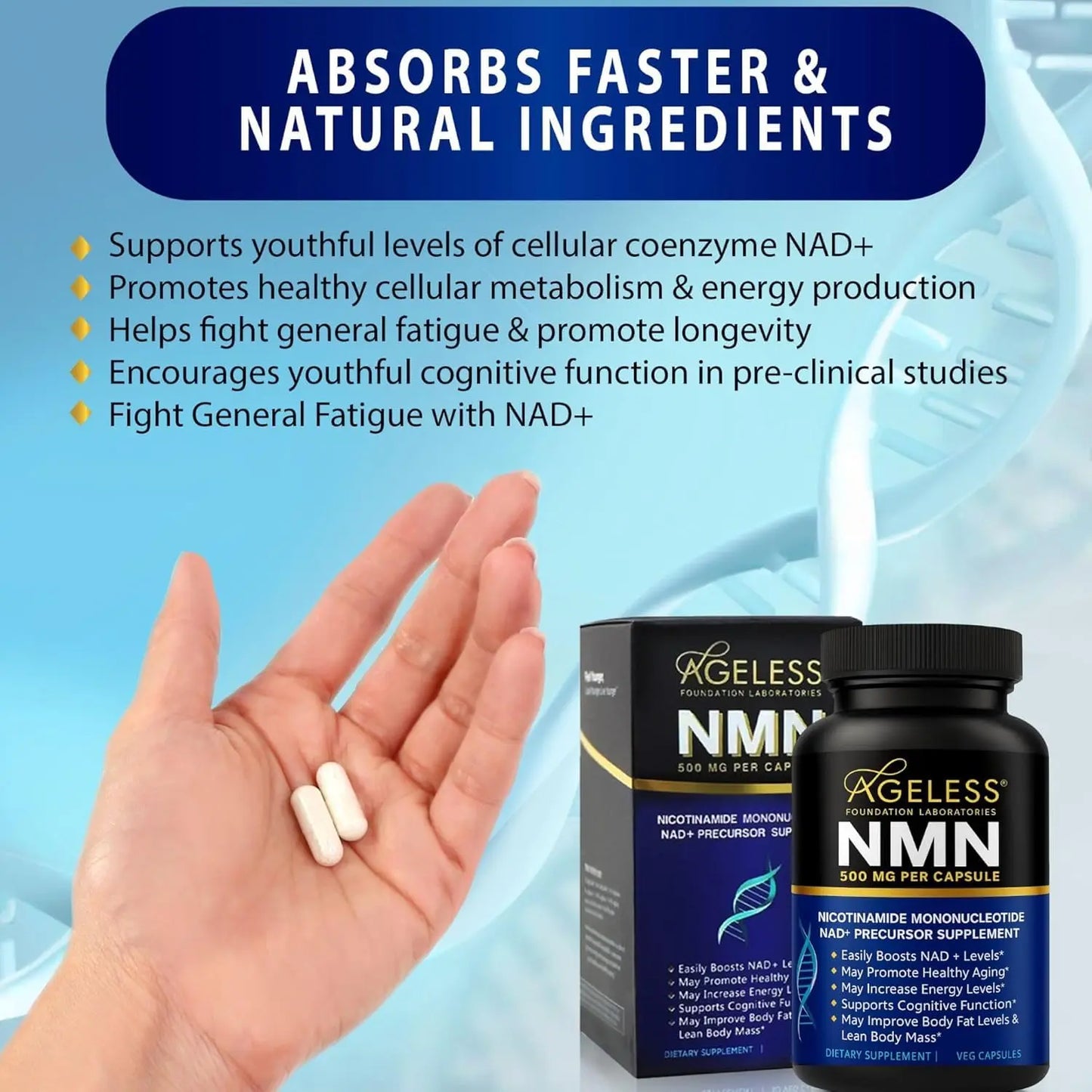 NMN Supplement 500mg Nicotinamide Mononucleotide | Supports NAD+ Levels, Energy, Cognitive Function, Muscle Health & Healthy Body Composition – Capsules (30) Ageless Foundation LaboratoriesBuy Supplements Australia