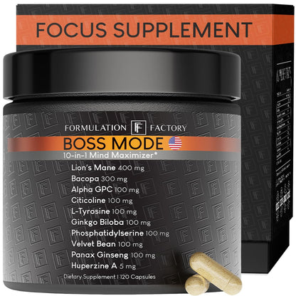 Formulation Factory Nootropic Brain Supplement - Boss Mode Focus & Memory Complex with Lion's Mane, Alpha GPC & Bacopa - Cognitive Support - 120 Capsules, 2 Month Supply Formulation FactoryBuy Supplements Australia