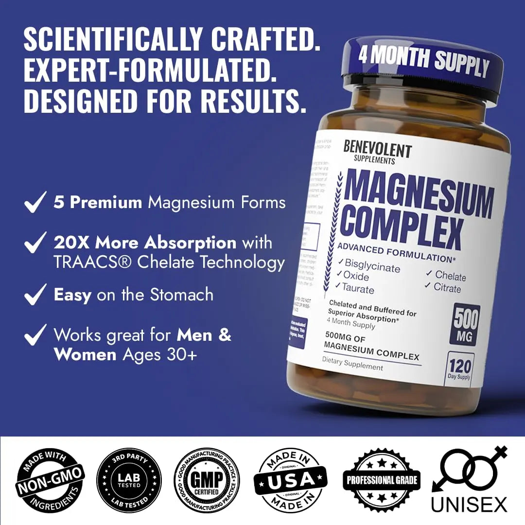 Magnesium Complex Supplement, 4 Month Supply of 500mg 5-in-1 Bisglycinate, Oxide, Taurate, Aspartate, Citrate, Max Absorption Magnesium Supplement for Calm, Sleep & Leg Cramps, 120 Capsule Benevolent Nourishment buy supplements Au
