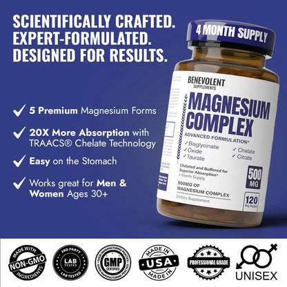Magnesium Complex Supplement, 4 Month Supply of 500mg 5-in-1 Bisglycinate, Oxide, Taurate, Aspartate, Citrate, Max Absorption Magnesium Supplement for Calm, Sleep & Leg Cramps, 120 Capsule Benevolent Nourishment buy supplements Au