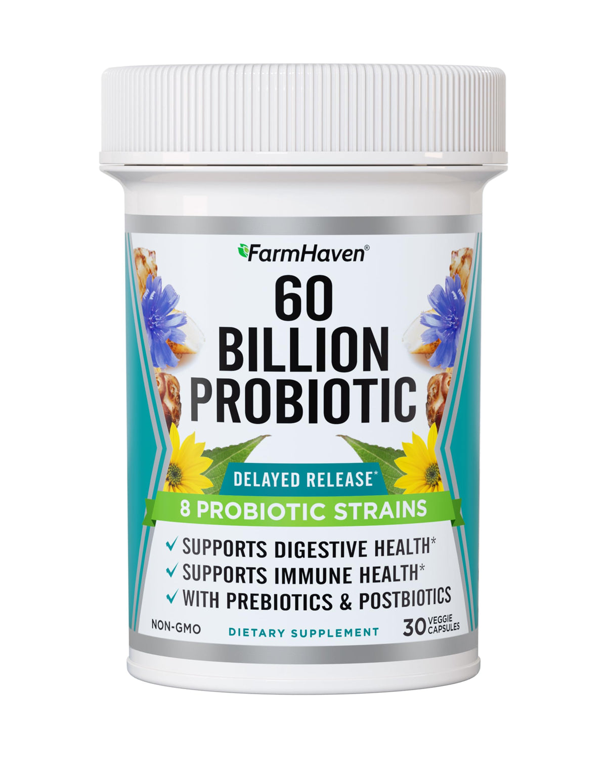 FarmHaven 60 Billion CFU Probiotic - 8 Probiotic Strains - Prebiotics & Postbiotics - Supports Digestive & Immune Health - Delayed Release - Shelf Stable -