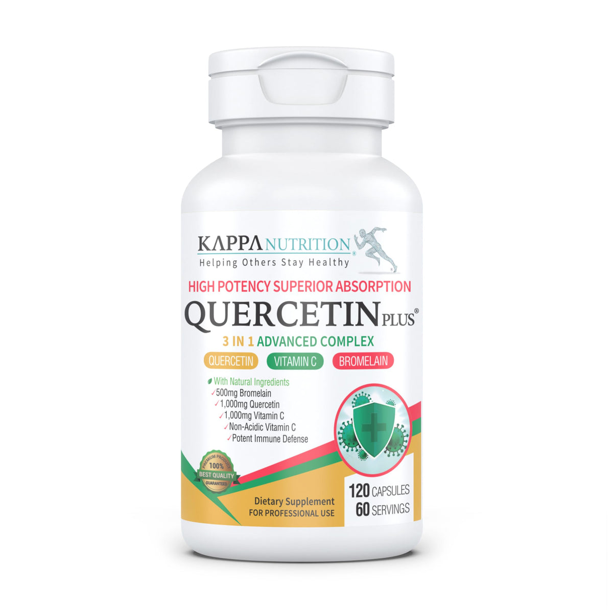 QUERCETIN PLUS, Quercetin 1,000mg, Bromelain 500mg and Vitamin C 1,000mg, (120 Capsules), 3 in 1 from Bioflavonoids, Supports Immune, Cardiovascular & Respiratory Health, Seasonal Allergy Relief. KAPPA NUTRITIONBuy Supplements Australia