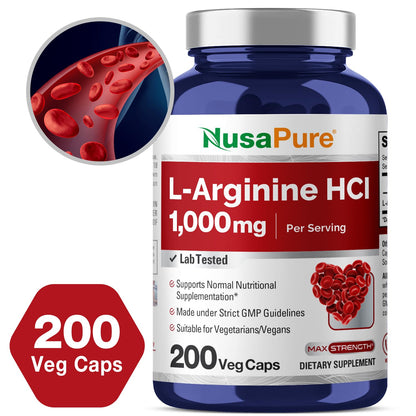 NusaPure L-Arginine 1000 mg 200 Veggie Capsules (Non-GMO, Vegetarian, Vegan) NusaPureBuy Supplements Australia