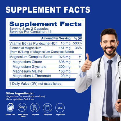 Magnesium Complex Capsule 5 in 1 Magnesium Supplement from Magnesium Glycinate, Citrate, Malate, L-Threonate & Vitamin B6, High Absorption Magnesium Supplement, Non-GMO, Vegan Sound Health PlusBuy Supplements Australia