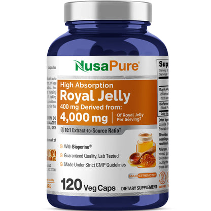 NusaPure Royal Jelly 10:1 Extract, 400 mg Equivalent to 4000mg - 120 Veggie Capsules (Non-GMO, Dairy Free, Dietary Supplement) NusaPureBuy Supplements Australia