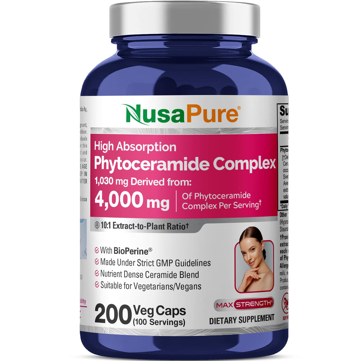 NusaPure Phytoceramide Complex 10:1 Extract, 1030 mg Equivalent to 4000 mg 200 Veggie Capsules (Non-GMO) Bioperine NusaPureBuy Supplements Australia