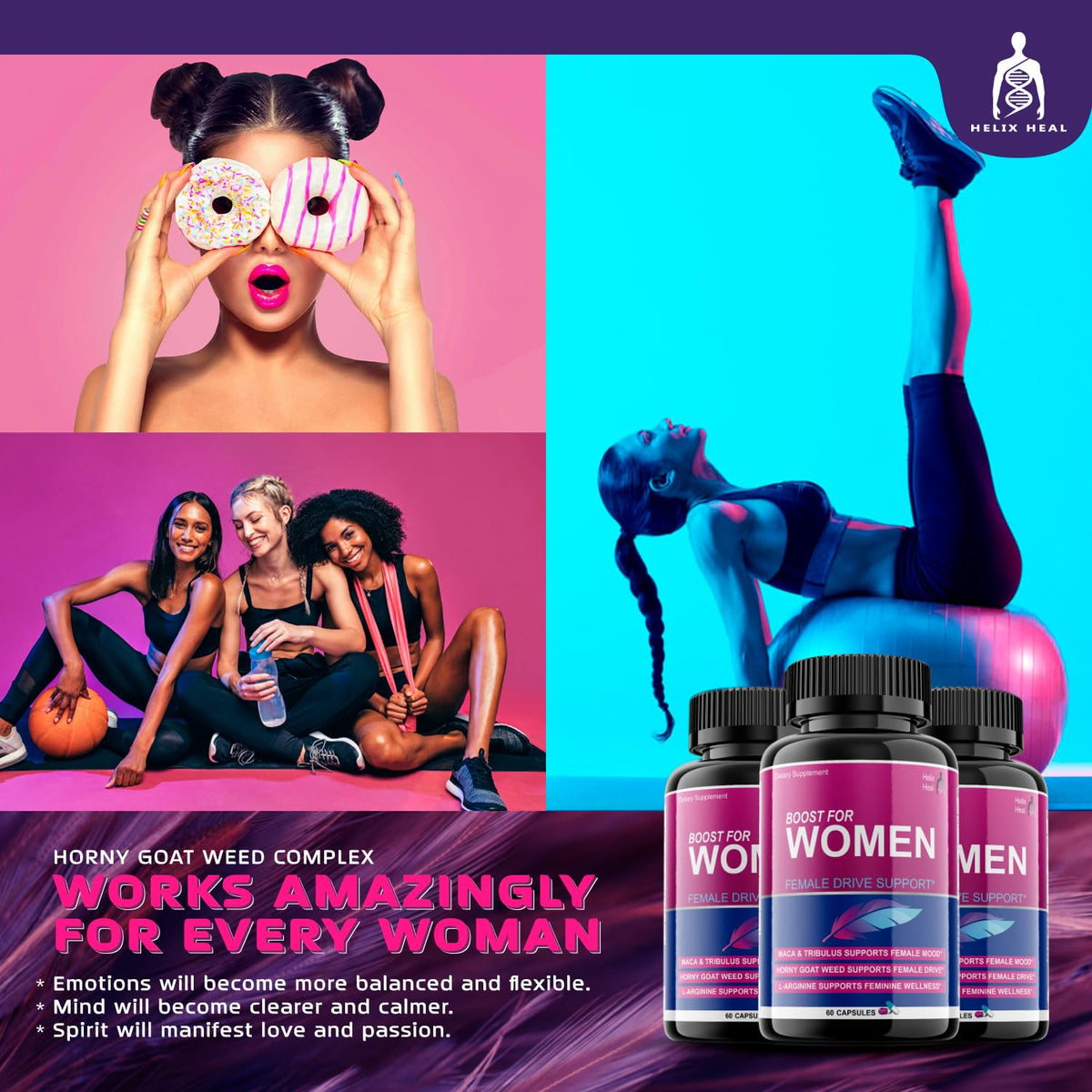 Helix Heal Libido Booster for Women Fast Acting with Horny Goat Weed - Female Desire Pills with Maca Root, Tribulus Terrestris, Ginseng and Hornygoatweed Women - Hormone Balance, Made in USA (60 ct) Helix HealBuy Supplements Australia