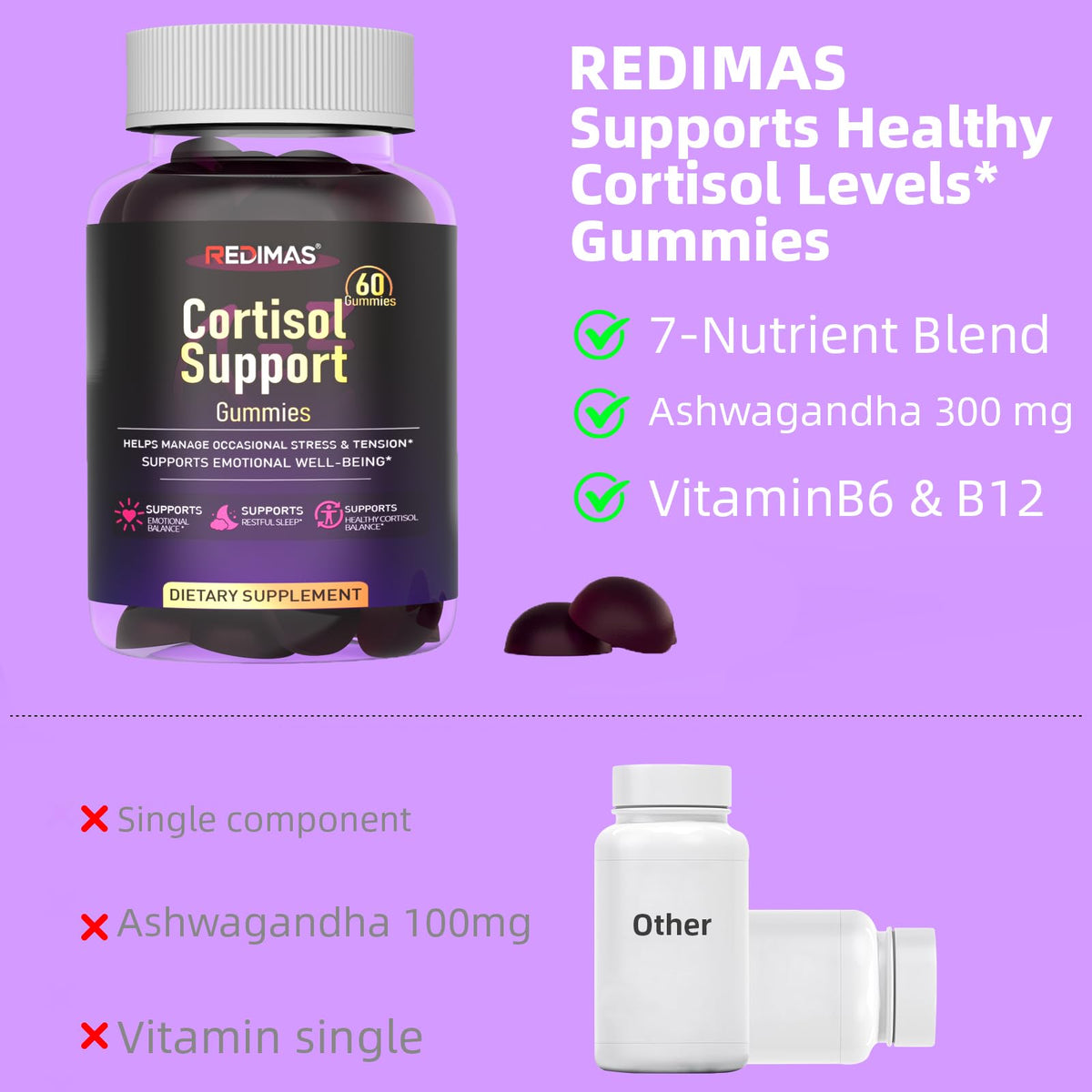 Redimas Cortisol Gummies for Women & Men with Ashwagandha, Magnesium, L-Theanine and Multivitamin, Vegan Chewable Gummies for Daily Lifestyle Balance, Convenient Adult Supplement, 60 Count RedimasBuy Supplements Australia