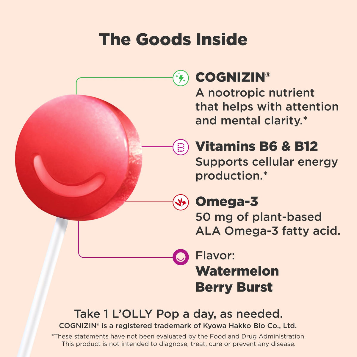 OLLY Focus Buddies L’OLLY Pops, Cognizin, Vitamins B6 and B12, Omega-3 ALA, Supports Focused Attention and Healthy Brain Function,* Kids 4+ Dietary Supplement, Watermelon Strawberry Flavored, 25 Count OLLYBuy Supplements Australia