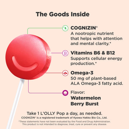 OLLY Focus Buddies L’OLLY Pops, Cognizin, Vitamins B6 and B12, Omega-3 ALA, Supports Focused Attention and Healthy Brain Function,* Kids 4+ Dietary Supplement, Watermelon Strawberry Flavored, 25 Count OLLYBuy Supplements Australia
