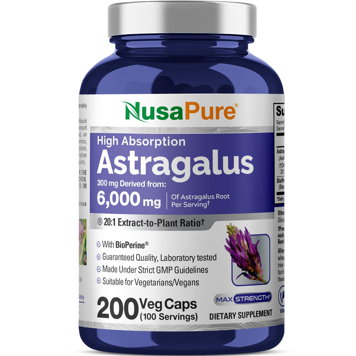 NusaPure Astragalus 20:1 Extract, 300 mg Equivalent to 6,000mg Per Serving, 200 Veggie Capsules, Vegan, Non-GMO & Bioperine NusaPureBuy Supplements Australia