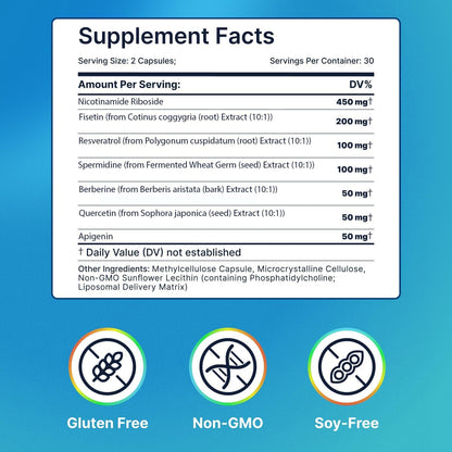 AdvantageNutra Liposomal Nicotinamide Riboside NR Supplement Resveratrol NAD : Nicotinamide 500mg w/Fisetin, Resveratrol Powder Spermidine Berberine NAD Resveratrol Supplement 500 mg - 60 caps 1 Pack AdvantageNutraBuy Supplements Australia