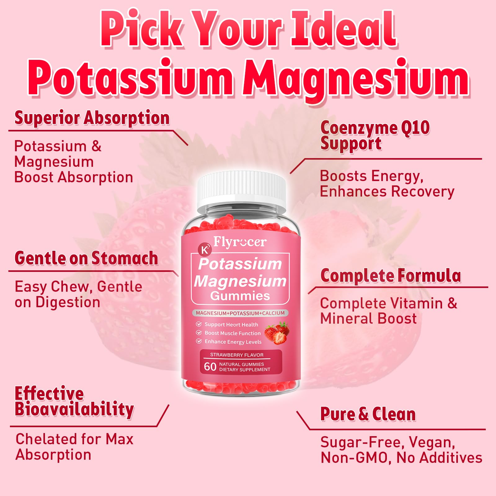 2 Pack Potassium Magnesium Gummies for Men & Women, Potassium Magnesium Supplement for Leg Cramps, Muscle Health, & Electrolyte Balance, Strawberry Flavor, 120 Gummies FlyrocerBuy Supplements Australia