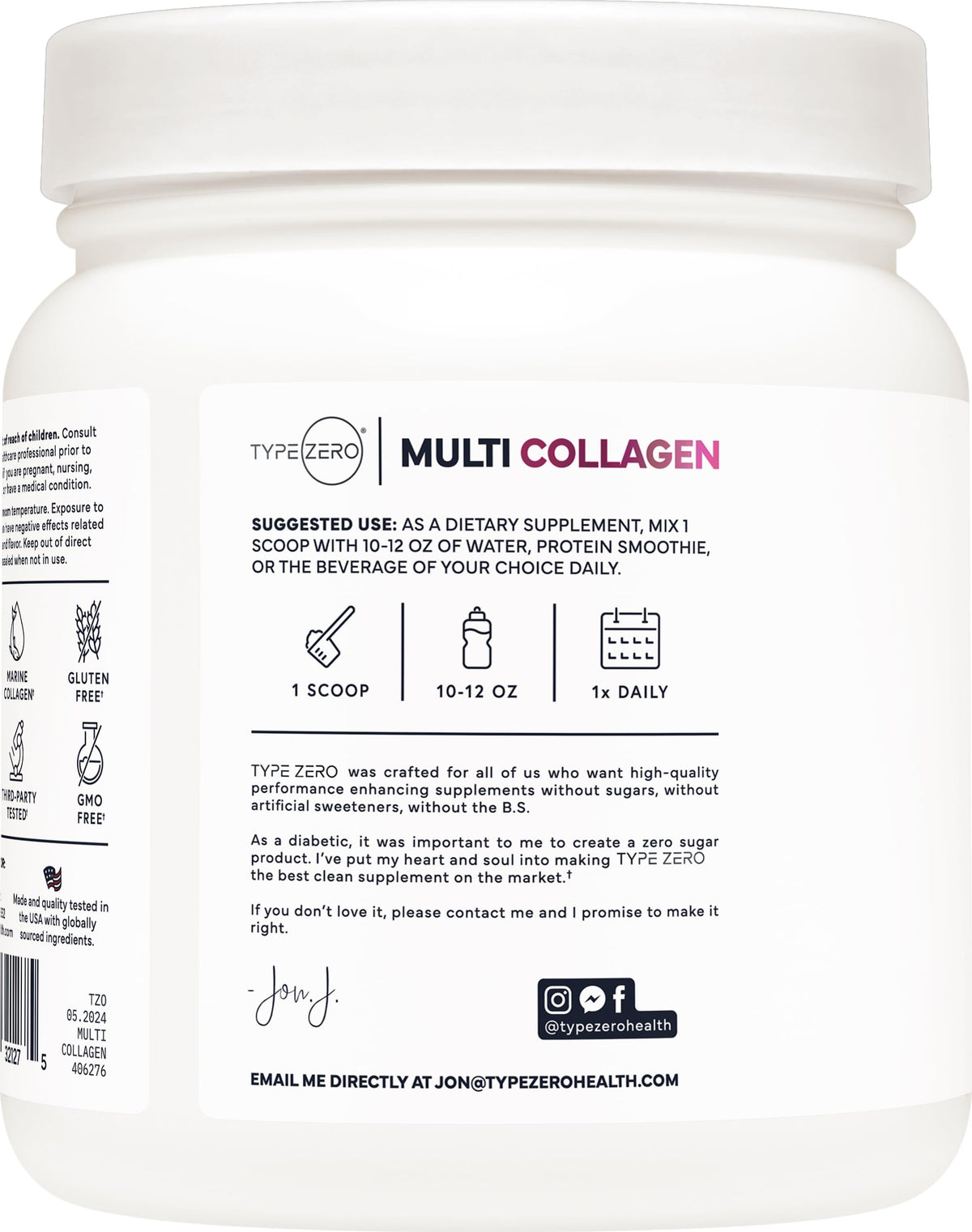 Type Zero Multi Collagen Powder 30 Servings (Unflavored) - Types I, II, III, V, & X Collagen Peptides + Hyaluronic Acid, VIT C, Biotin Type ZeroBuy Supplements Australia