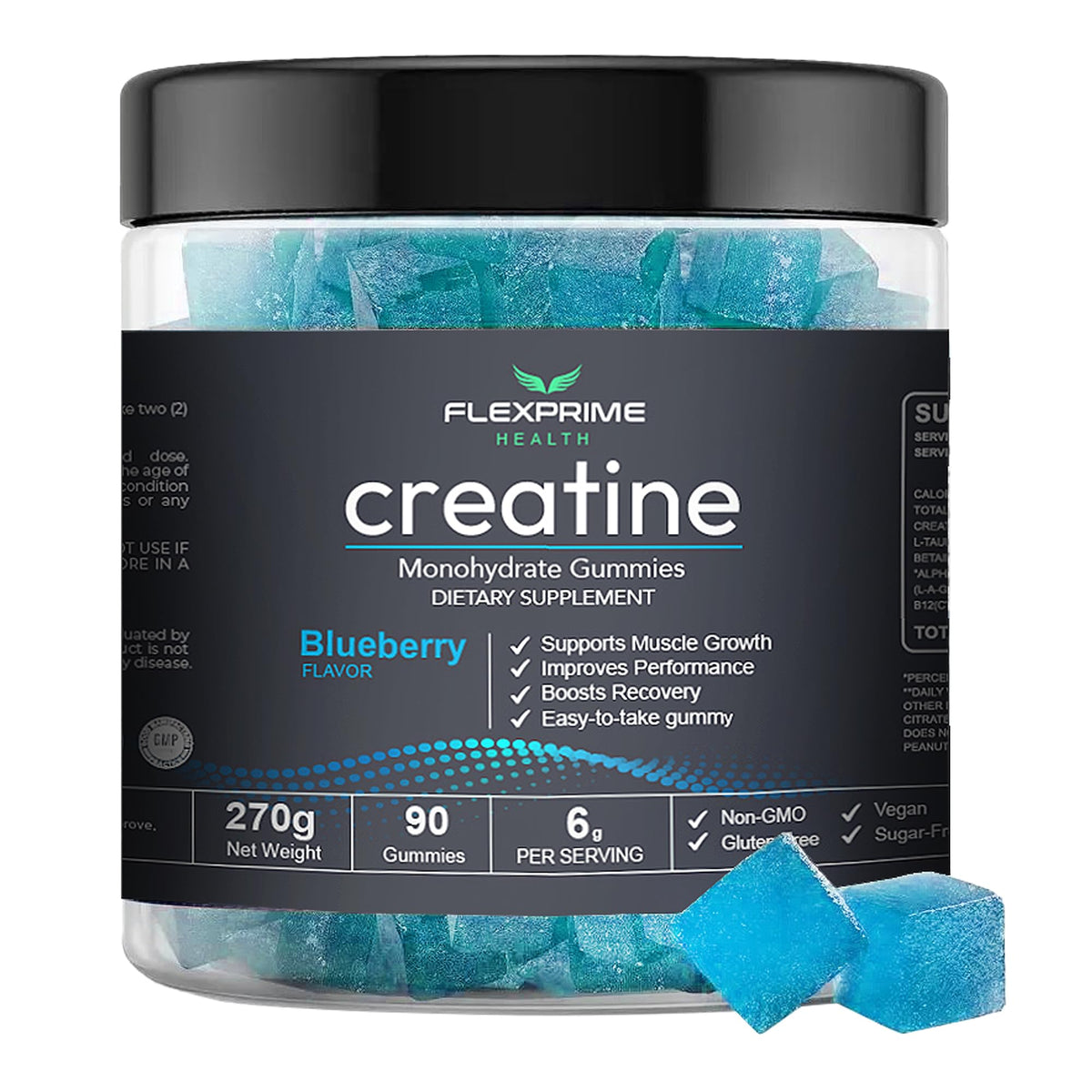 FlexPrime Creatine Gummies Sugar Free - 6g Creatine Monohydrate + L-Taurine, Alpha GPC, Betaine | Vegan Halal Blueberry Chews for Lean Muscle, Strength, Brain Health | Men Women 90 Count FlexPrimeBuy Supplements Australia