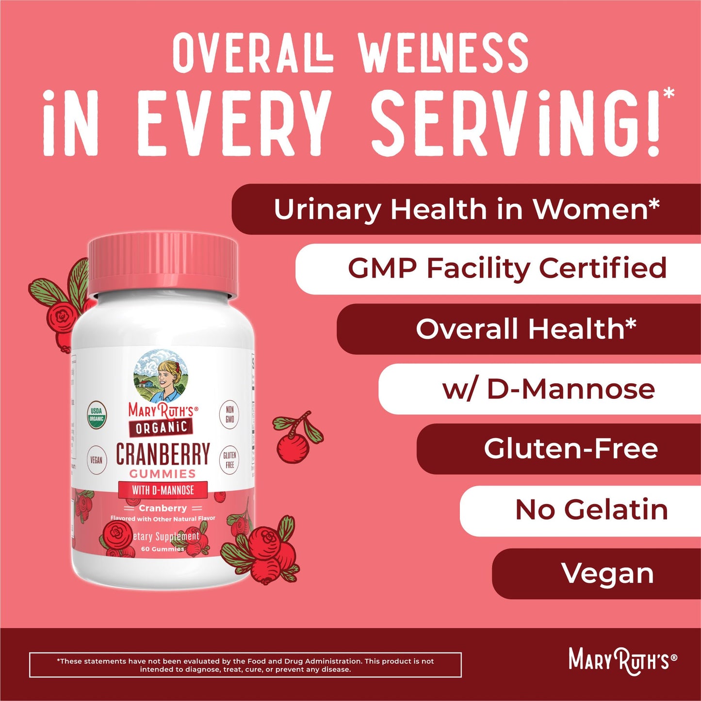 MaryRuth Organics Organic Cranberry Gummies - 500mg Supplement | Urinary Tract Health for Women | with D Mannose | Traditional Use MARYRUTH'S canada supplements