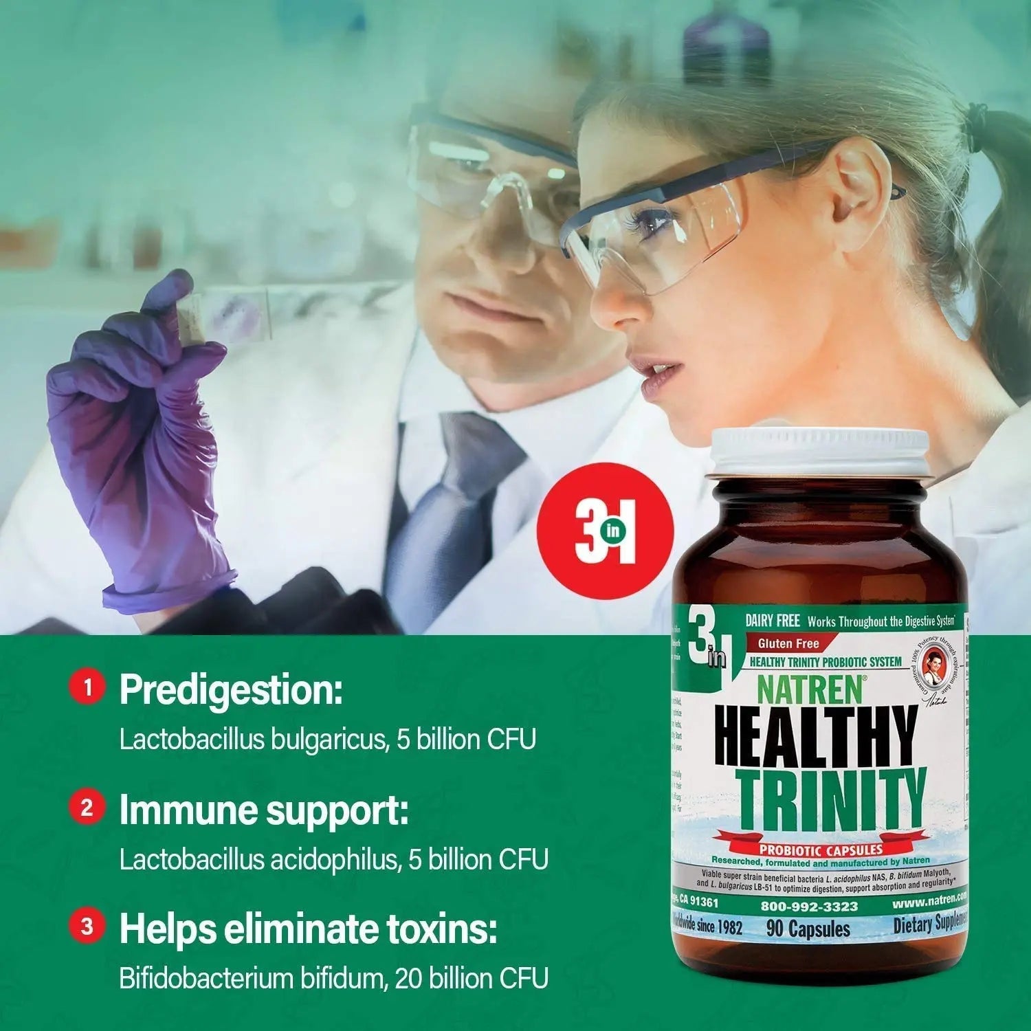 Natren Healthy Trinity Probiotics Supplement - 90 Dairy and Gluten Free Gel Capsules - Improve Gut and Digestive Health, 30 Billion CFU - Lactobacillus Acidophilus, Bifidobacterium, Bulgaricus Natren buy supplements Au