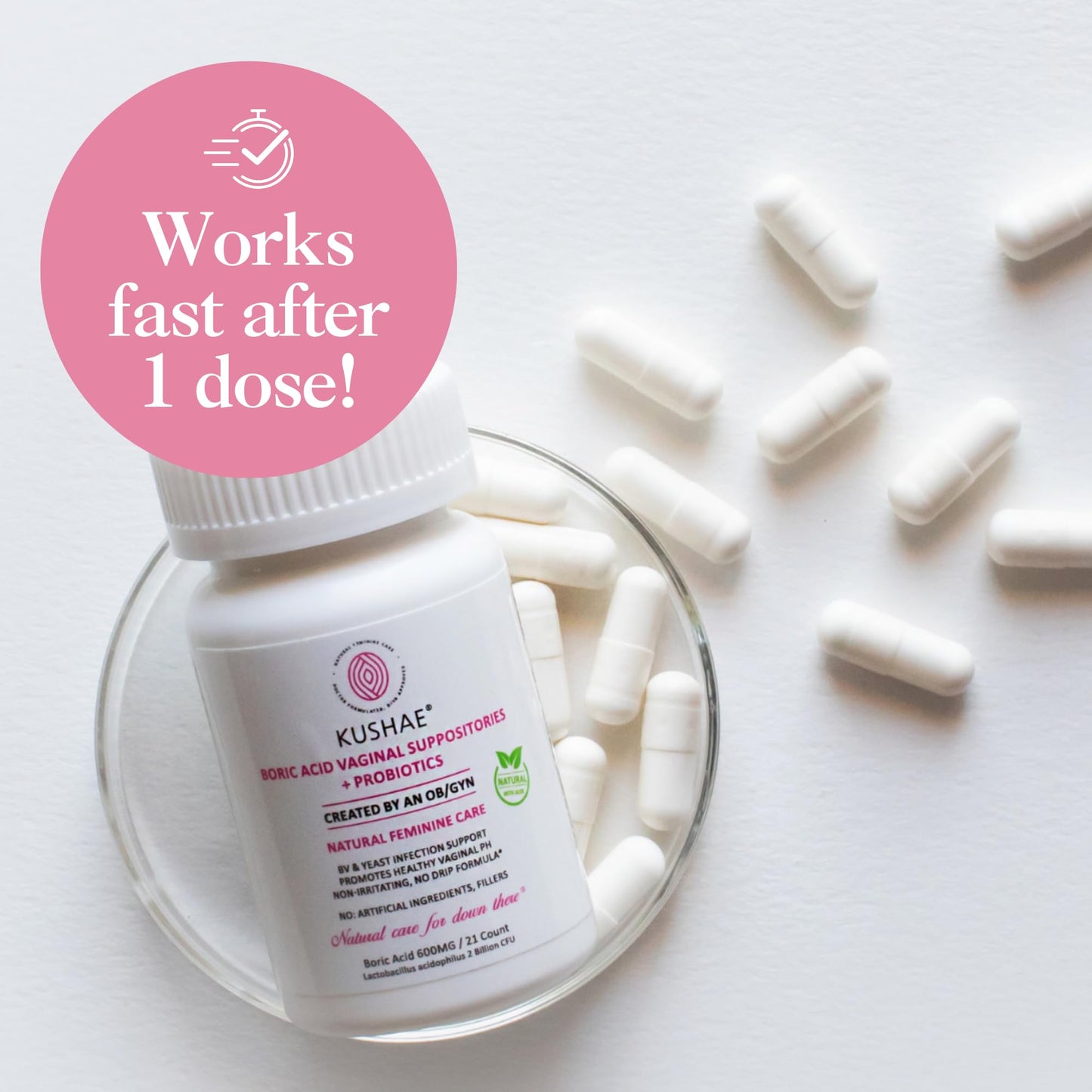 Kushae Boric Acid Suppositories + Rapid Relief, All Natural Female Suppositories with Probiotics & Aloe Vera, Relieves Discomfort & Balances pH Level Bottle Only 21 Capsules KushaeBuy Supplements Australia