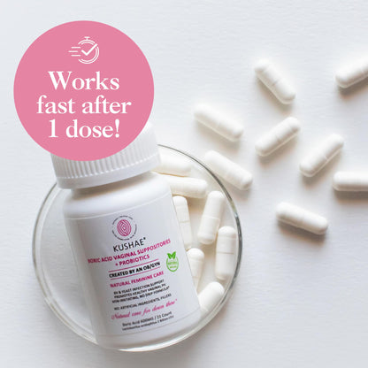Kushae Boric Acid Suppositories + Rapid Relief, All Natural Female Suppositories with Probiotics & Aloe Vera, Relieves Discomfort & Balances pH Level Bottle Only 21 Capsules KushaeBuy Supplements Australia
