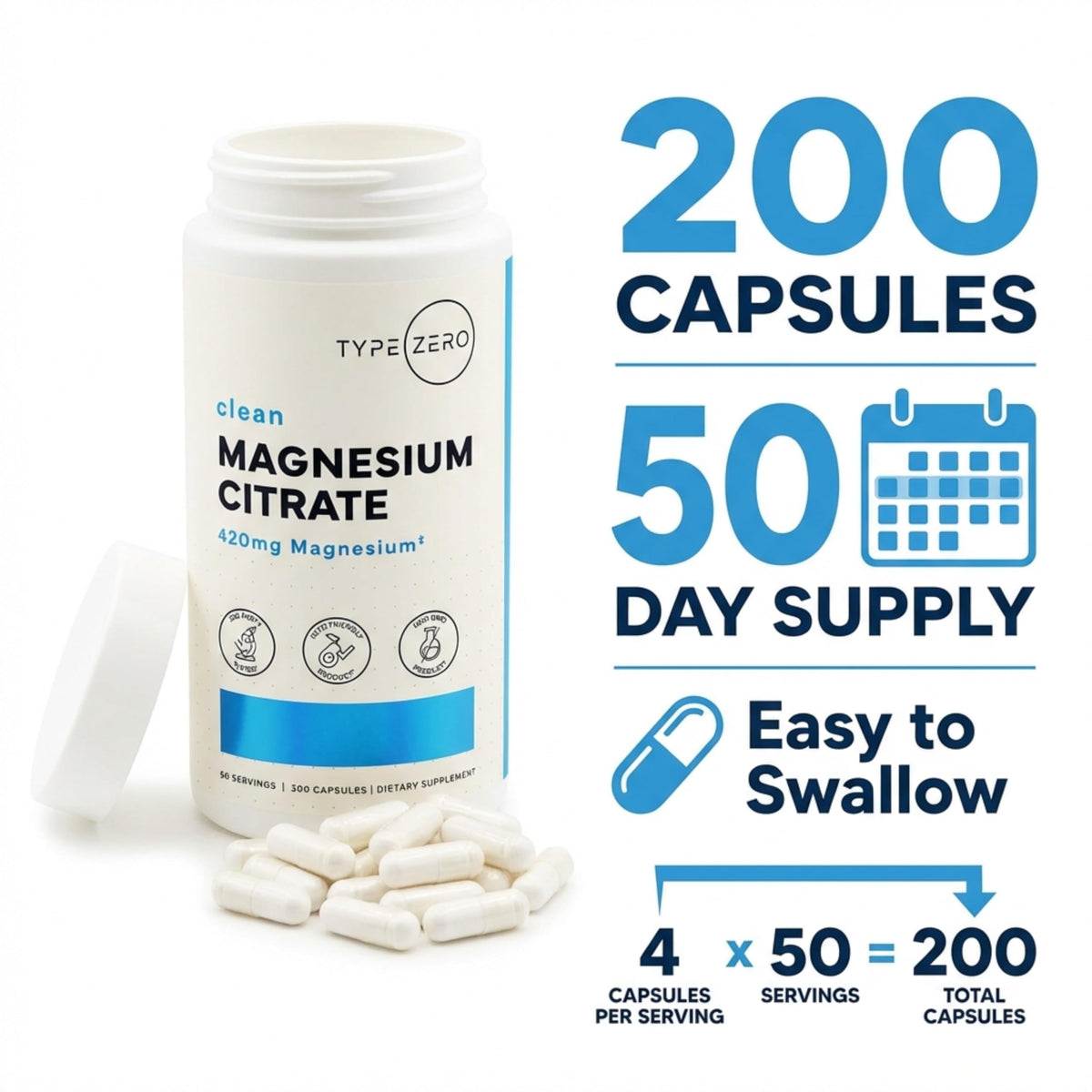 Type Zero Clean Magnesium Citrate Capsules (420mg Per Serving - 200 Capsules) Pure Magnesium Citrate Supplement, Non-GMO - Gluten Free, 50 Servings Type ZeroBuy Supplements Australia