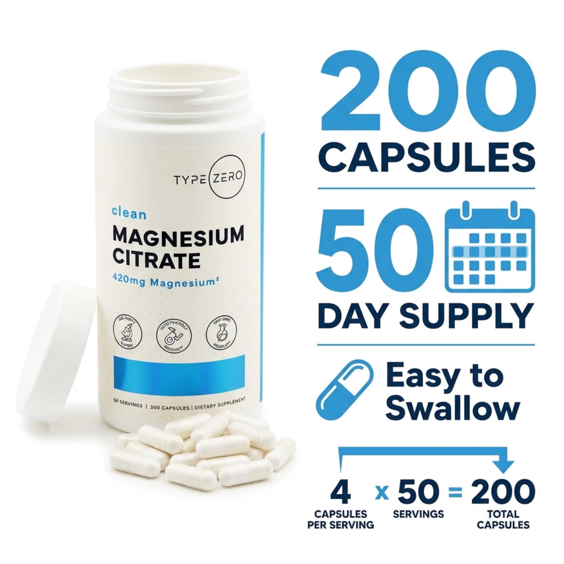 Type Zero Clean Magnesium Citrate Capsules (420mg Per Serving - 200 Capsules) Pure Magnesium Citrate Supplement, Non-GMO - Gluten Free, 50 Servings Type ZeroBuy Supplements Australia