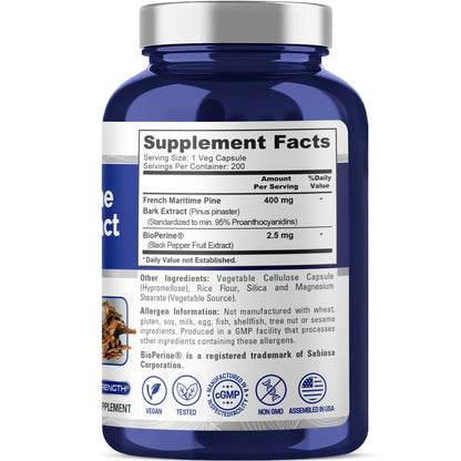 NusaPure French Maritime Pine Bark Extract 400mg per Veggie Caps 200-Day Supply Bioperine Non-GMO Vegan NusaPureBuy Supplements Australia