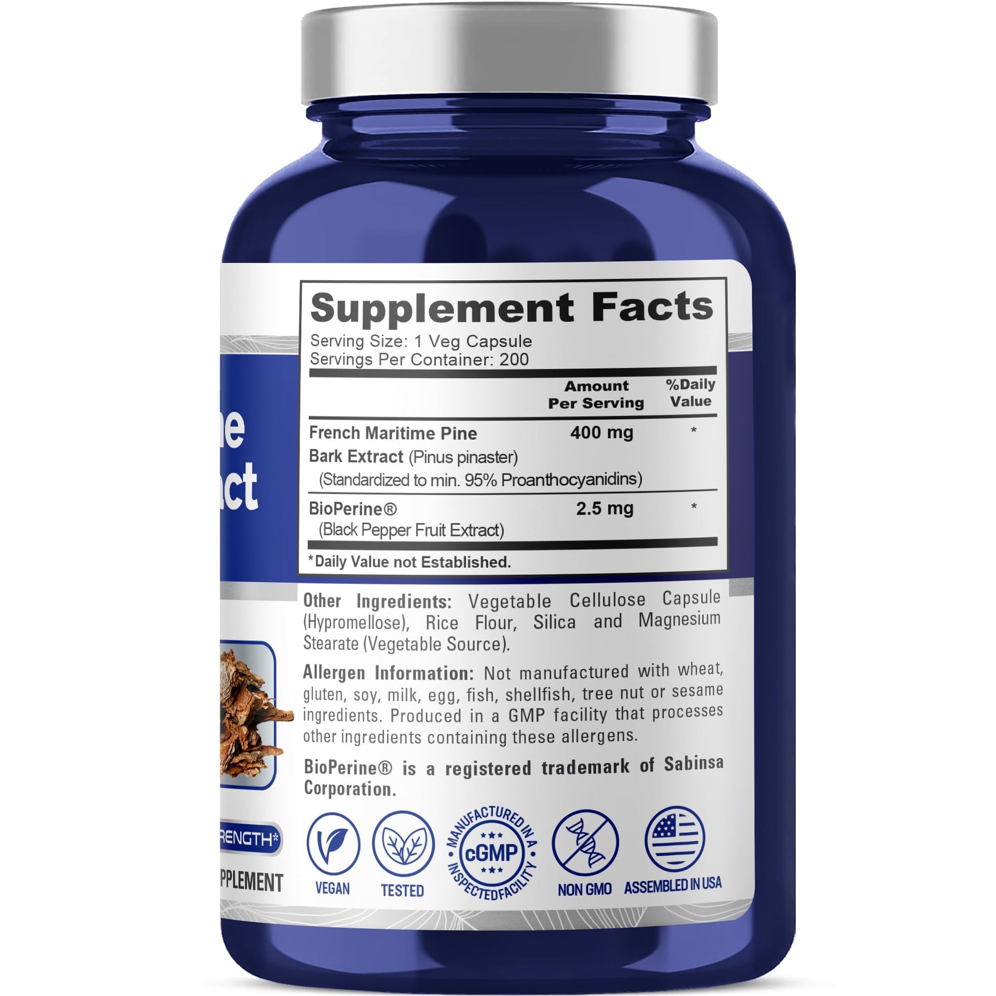 NusaPure French Maritime Pine Bark Extract 400mg per Veggie Caps 200-Day Supply Bioperine Non-GMO Vegan NusaPureBuy Supplements Australia