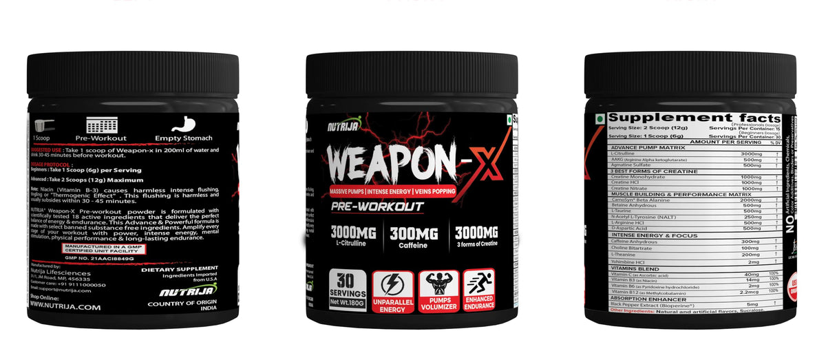 NutriJa Weapon-X Pre-Workout Powder with 21 Active Ingredients - 3 Best Forms of Creatine, AAKG, Beta-Alanine, Caffeinated | Pumps, Viens Popping, Energy, Focus & Strength (30 Servings (Lychee))