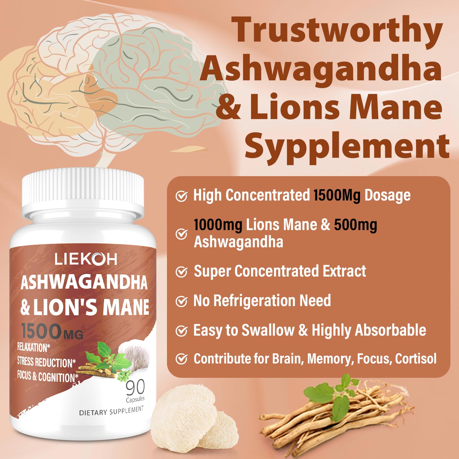 Liekoh Ashwagandha & Lions Mane Supplement Capsules, Brain Supplements for Memory and Focus, Ashwagandha Supplement with Rhodiola & Black Peppe, Cortisol Supplements for Women & Men,90 Caps LiekohBuy Supplements Australia