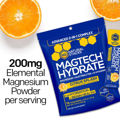 MagTech Magnesium Hydrate Packets - Sugar Free Hydration Powder - Magtein Magnesium L-Threonate, Glycinate & Taurate - 200mg Chelated Triple Complex - Supports Hydration & Brain Health* - 14 Servings NATURAL STACKSBuy Supplements Australia