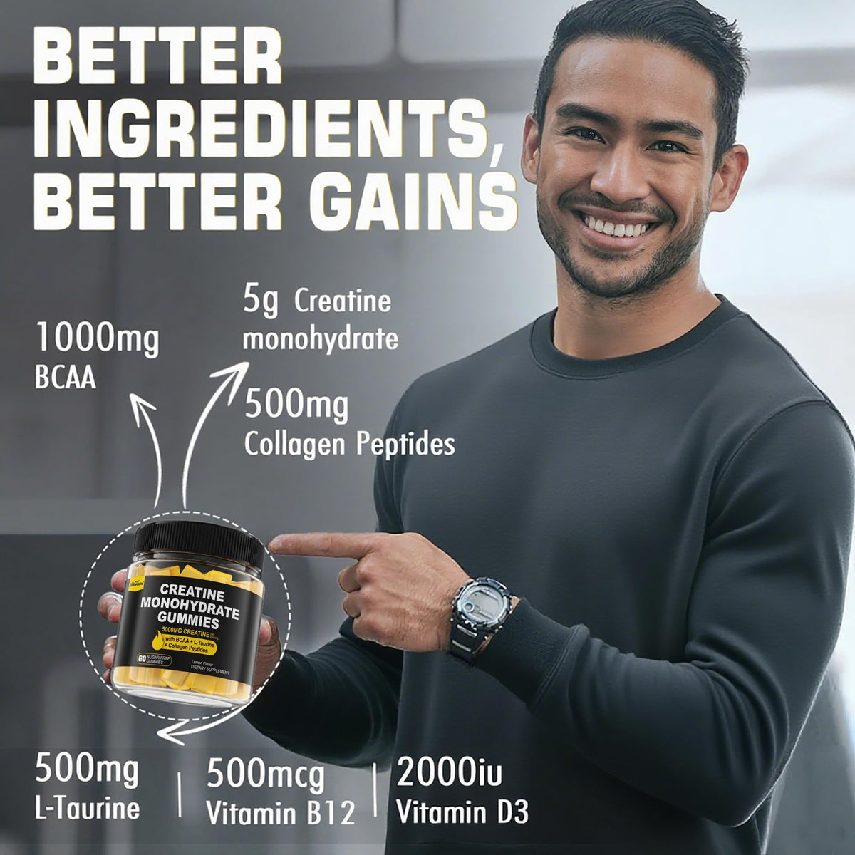 Creatine Monohydrate Gummies for Men & Women - with BCAA, Collagen Peptides, L-Taurine, Vitamin B12, D3, Chewables Creatine Monohydrate 5g Per Serving, Natural Lemon Flavor, Sugar Free, 2 Pack EnvyCureBuy Supplements Australia