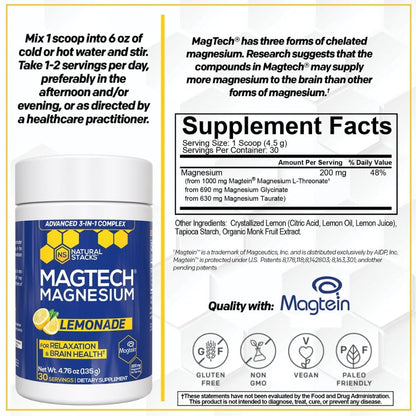 Magtein Magnesium L-Threonate, Glycinate & Taurate - MagTech Magnesium Powder - Sugar Free Lemonade Drink - 200mg Chelated Triple Complex - Supports Relaxation & Brain Health* - 30 Servings NATURAL STACKSBuy Supplements Australia