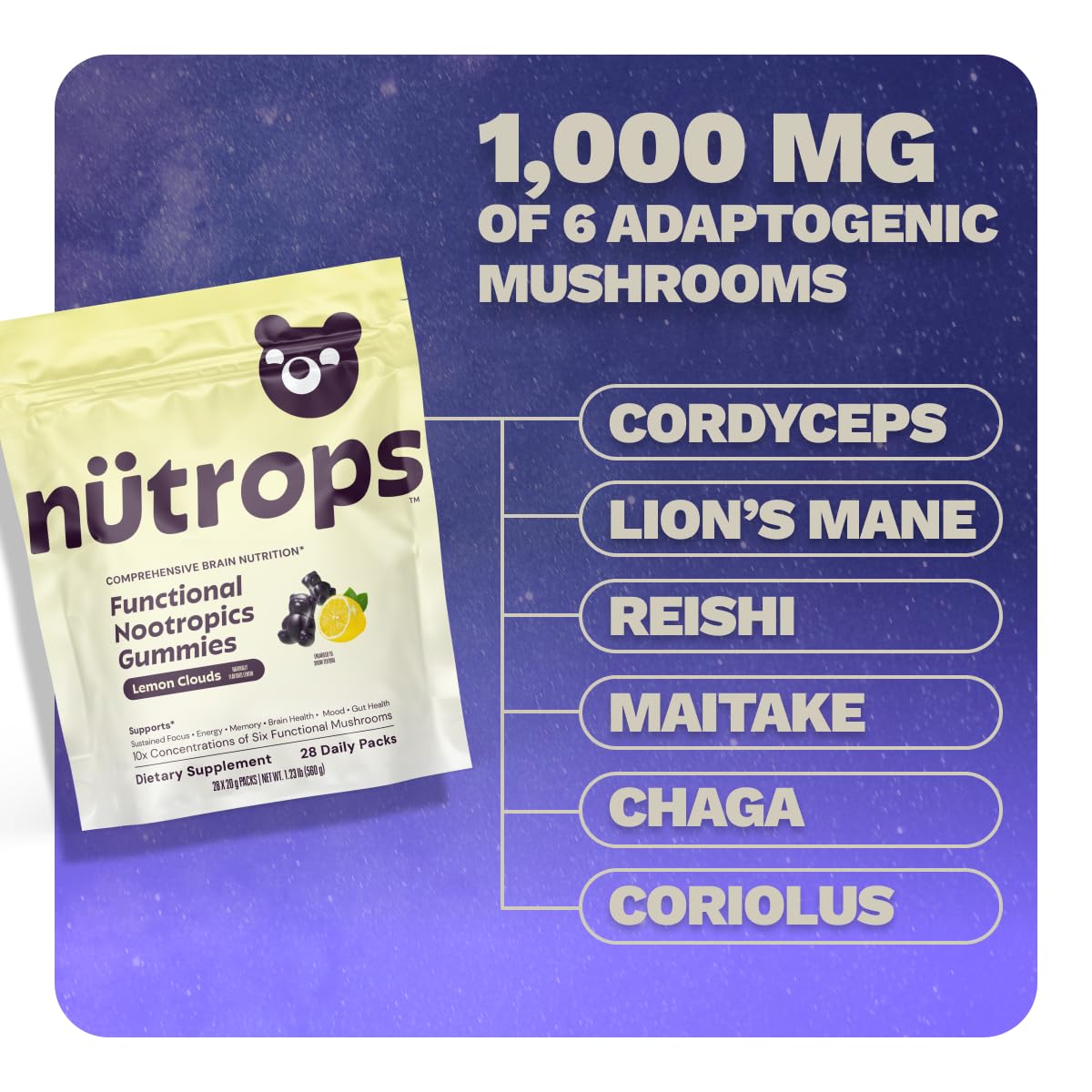 Nutrops Lions Mane Mushroom Gummies for adults, Functional Nootropics, Herbal Brain Supplement for Energy, Brain Health, Cognitive, Memory & Focus, Reishi, Chaga, Cordyceps, Coriolus, 28 daily Packs GrünsBuy Supplements Australia