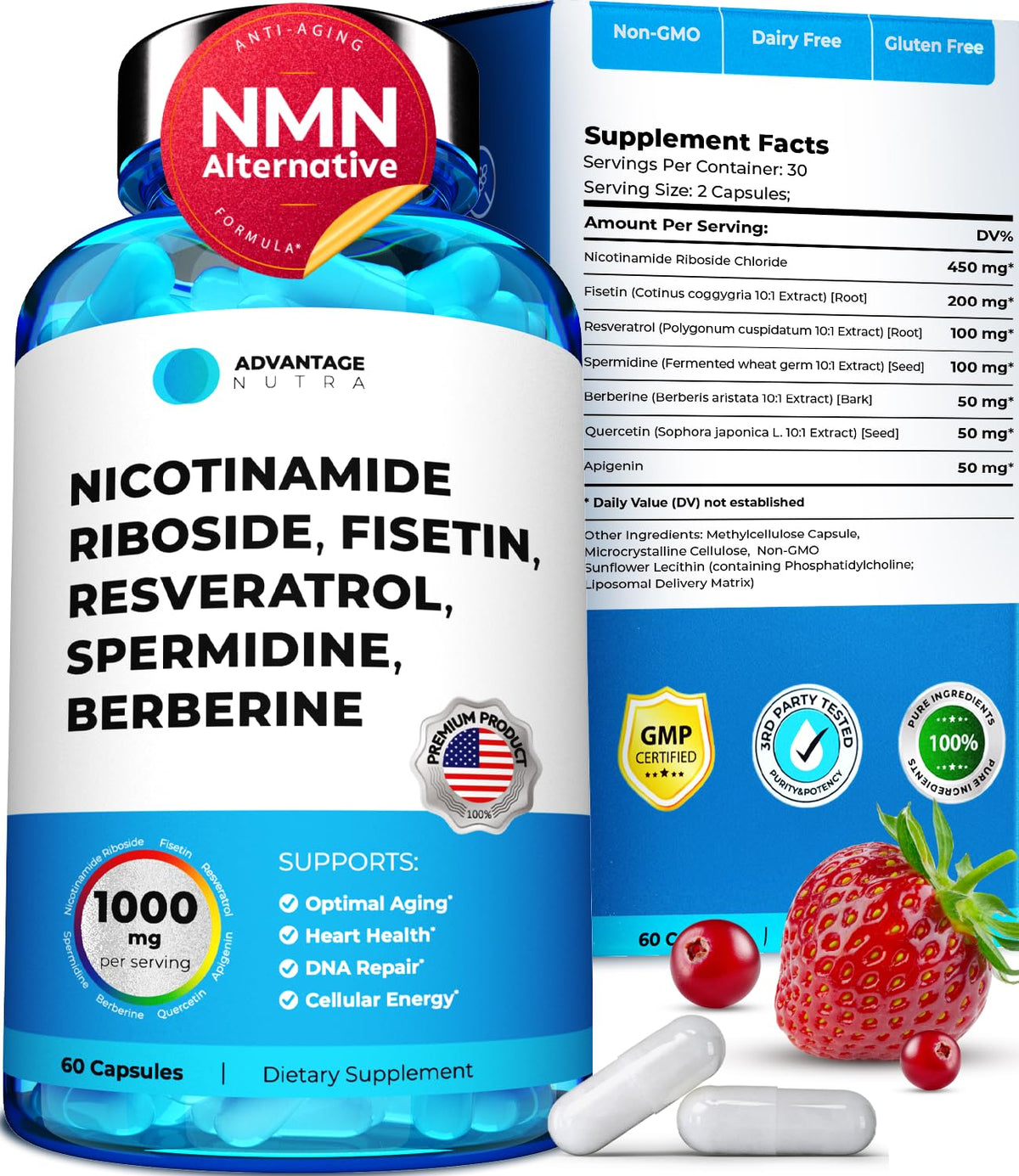 Supplement bottle and packaging with ingredients listed on a white background