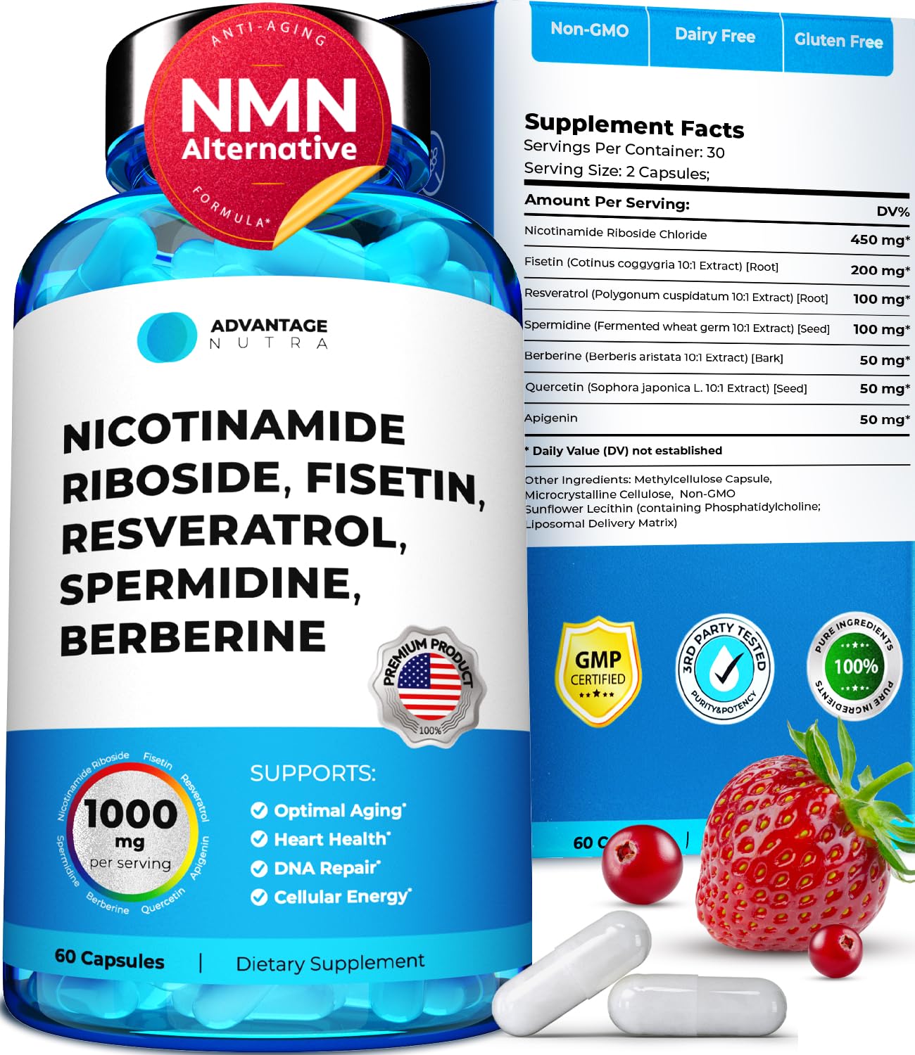 Supplement bottle and packaging with ingredients listed on a white background