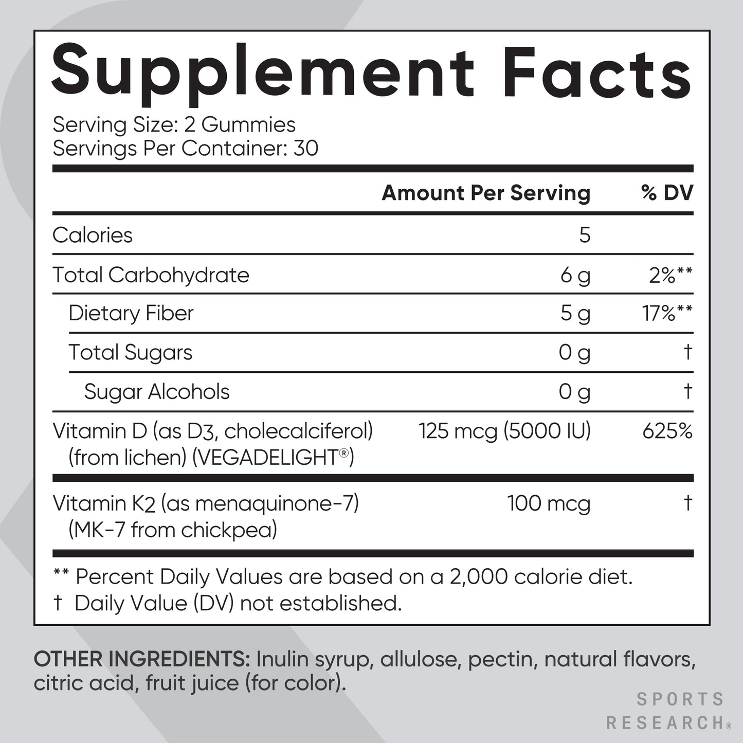 Sports Research® Vegan Vitamin D3 + K2 Sugar-Free Gummies - 125mcg (5000iu) Vitamin D w/ 100mcg Mk7 Vitamin K - Supports Bone & Immune Health