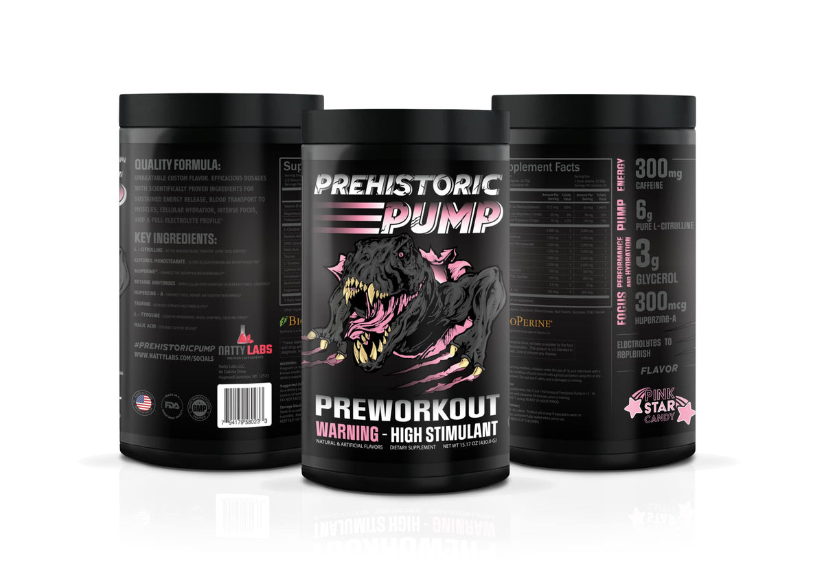 Natty Labs Prehistoric Pump Pre Workout - Preworkout Energy Supplement · 300mg Caffeine · Energy · Focus · Pump · Electrolytes · Hydration · Vitamins - 40 Servings (Pink Star Candy)