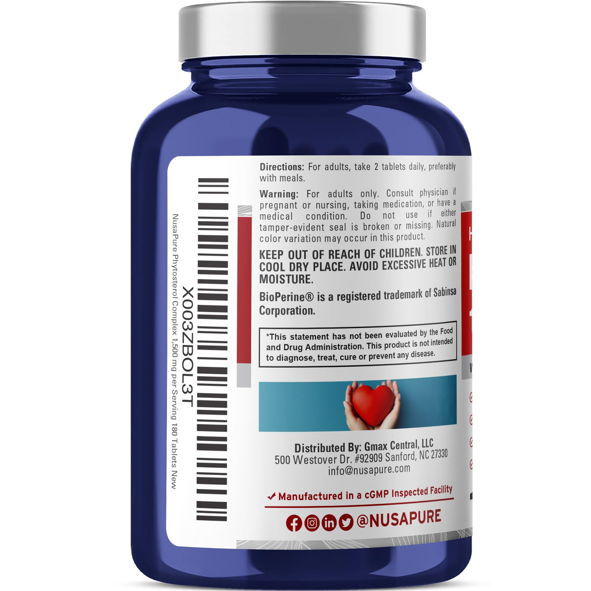 NusaPure Plant Sterols 1500 mg - 180 Tablets (Non-GMO, Vegan) Beta Sitosterol, Bioperine NusaPureBuy Supplements Australia