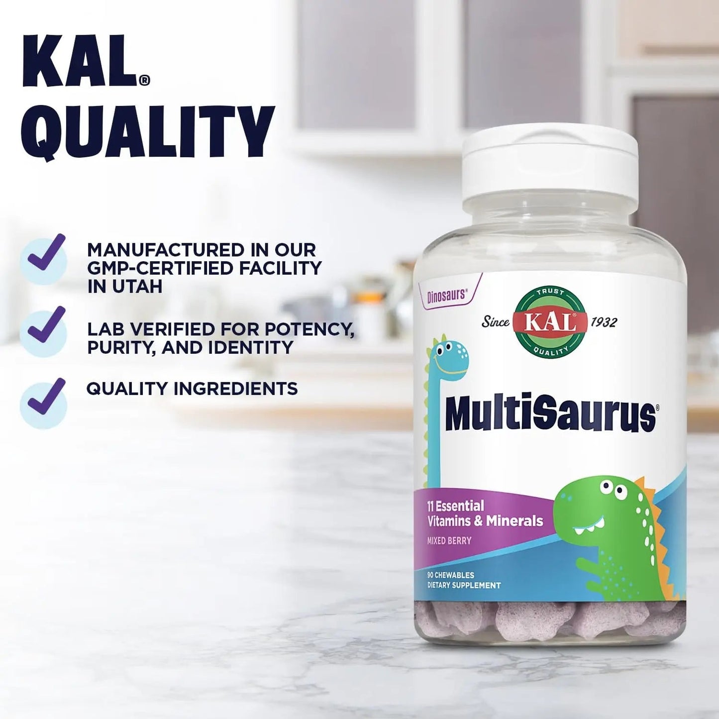 KAL MultiSaurus Kids Chewable Multivitamins, 11 Essential Vitamins and Minerals for Kids, Mixed Berry Flavor, Gluten and Preservative Free KAL