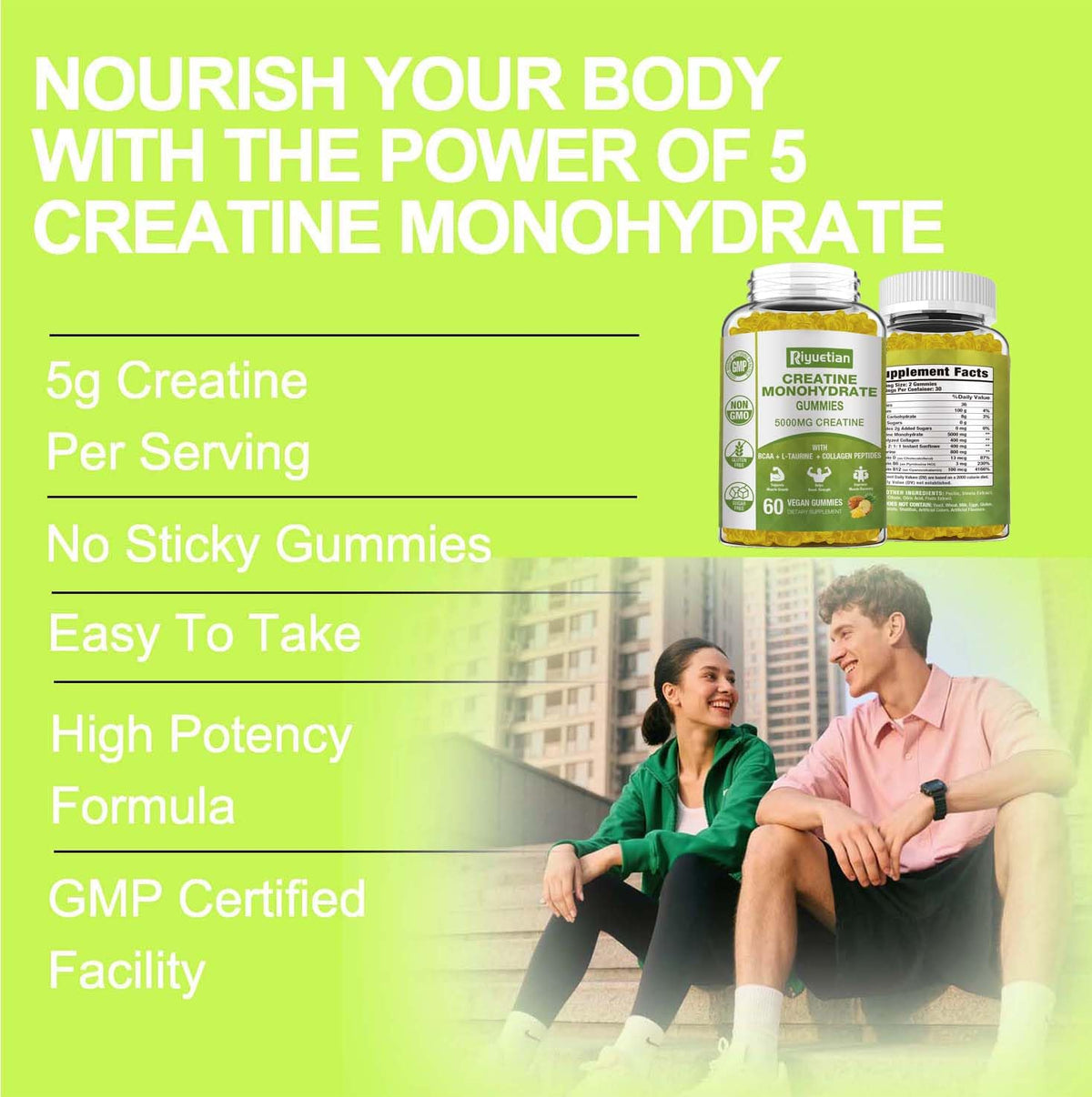 Riyuetian Creatine Monohydrate Gummies, Creatine for Men & Women, Chewable Creatine for Enhancing Focus and Endurance, 5g Creatine per Serving, Sugar-Free, 60 Count RiyuetianBuy Supplements Australia